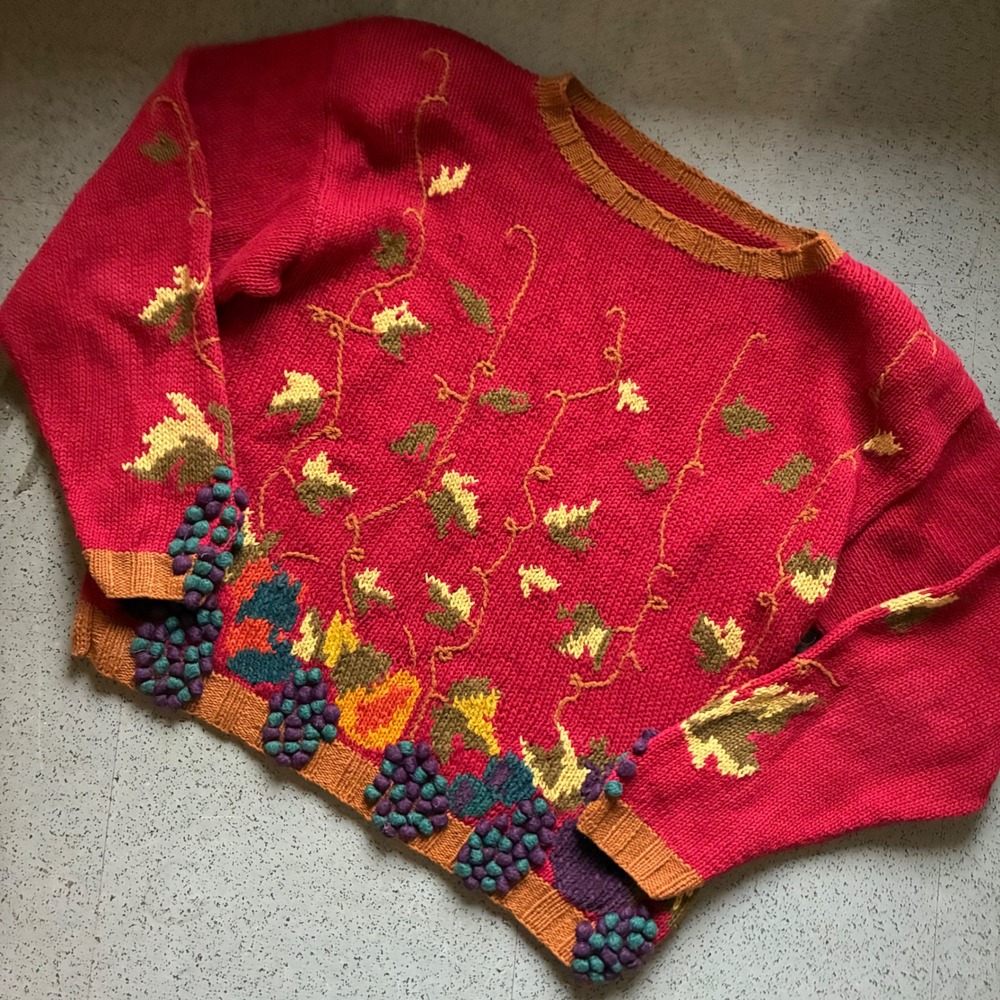 Vintage Grape Vine 3D Bobble Knit Red Sweater Oversized S Art Whimsy Long Sleeve